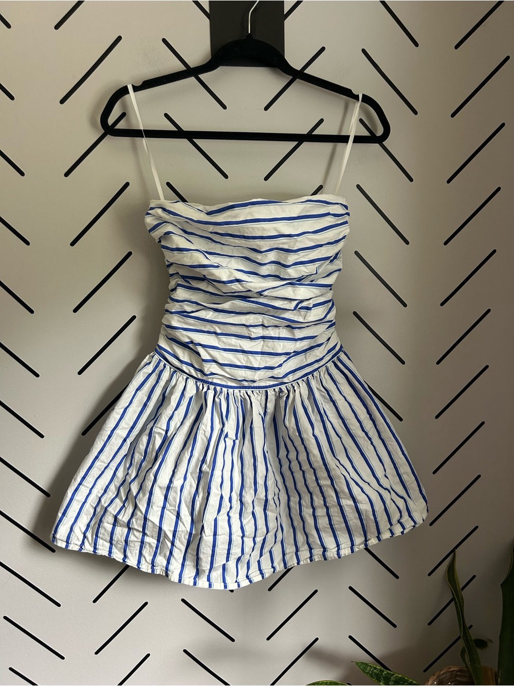 Band of the free bubble hem strapless mini dress blue stripes